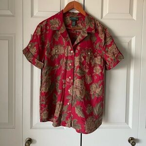 Ralph Lauren | Vintage red khaki floral linen button up shirt. Large. Cottage